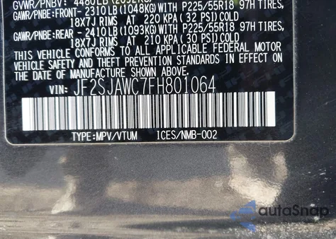 2015 Subaru Forester 2.5I Touring z USA, uszkodzony, nr VIN JF2SJAWC7FH801064